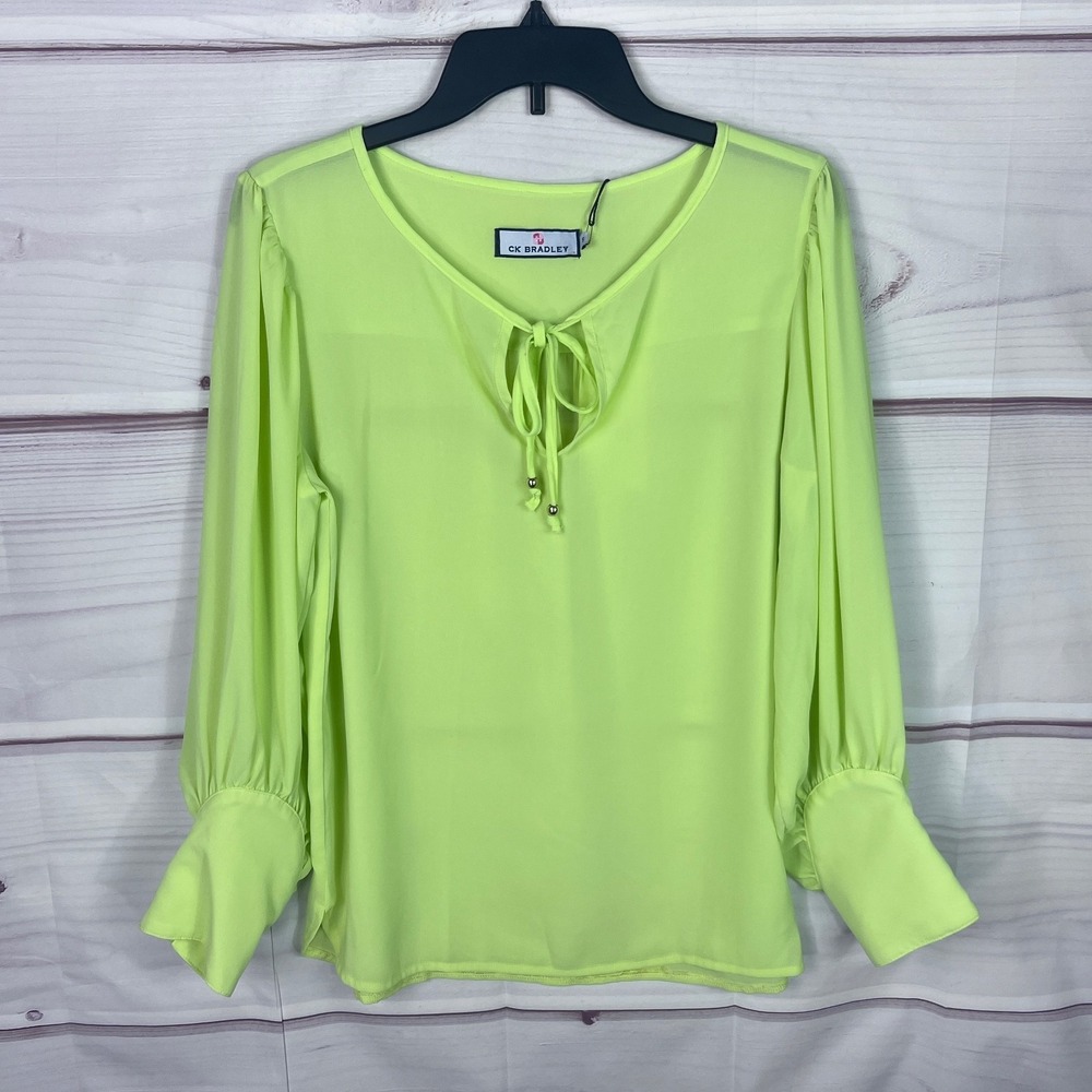 CK Bradley Top Womens S Yellow Crepe Carmen Blouse Tie Neck Long Sleeve Pullover